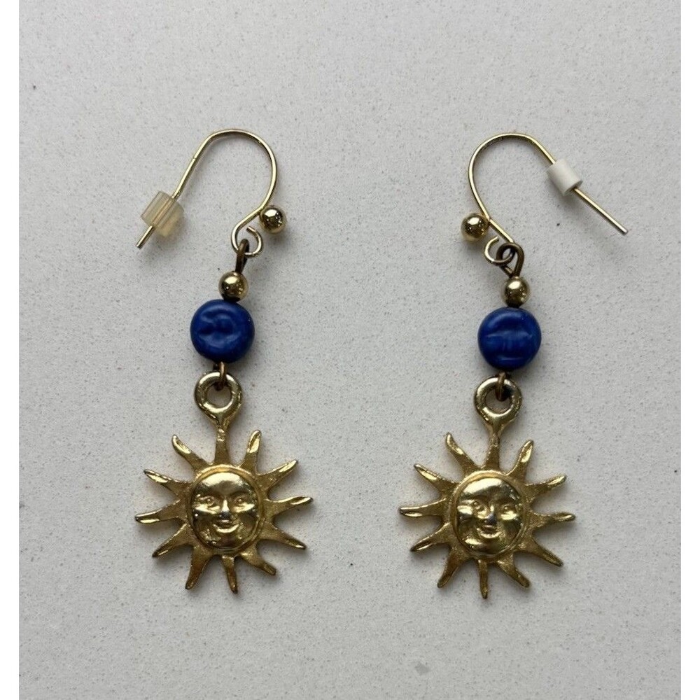 Celestial Sun Face Dangle Earrings Gold Tone Blue Sunburst Cosmic Boho Jewelry